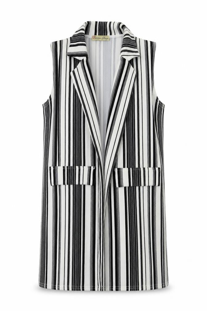 Front view of camea rose women’s black striped gilet jacket, size UK 10