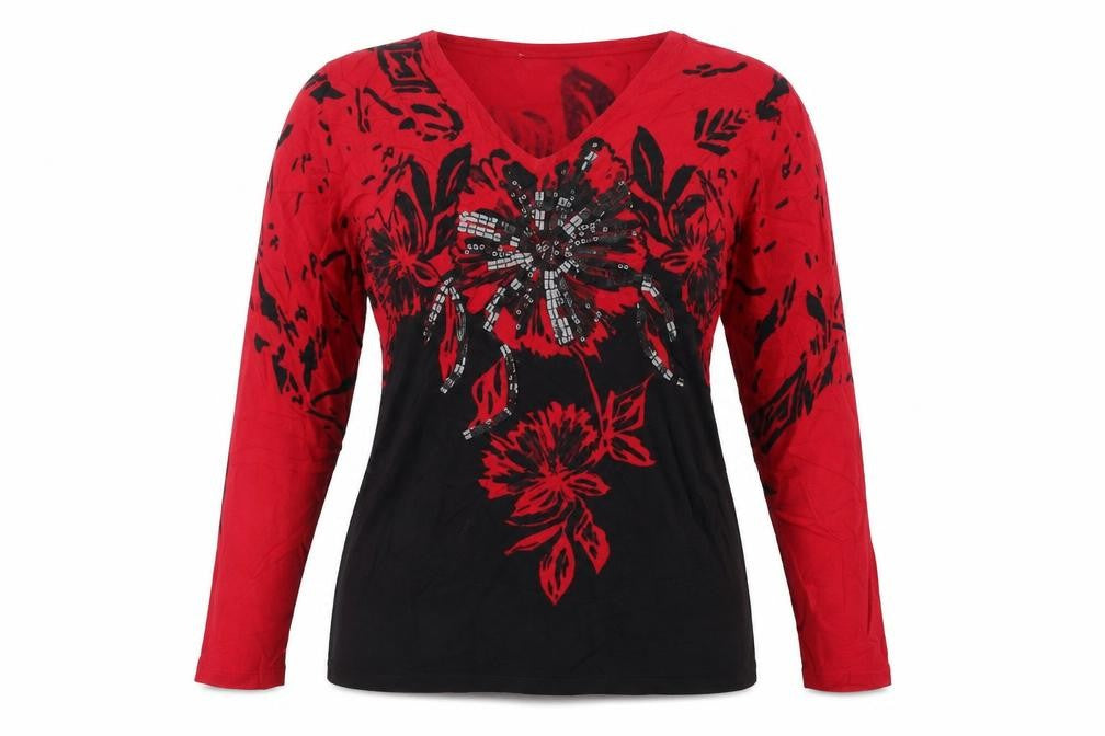 Front view of EWM women’s red floral jumper, size M