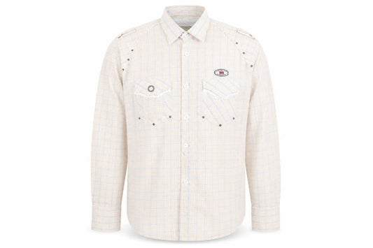 Front view of Never Nine men’s beige button-up, size XL