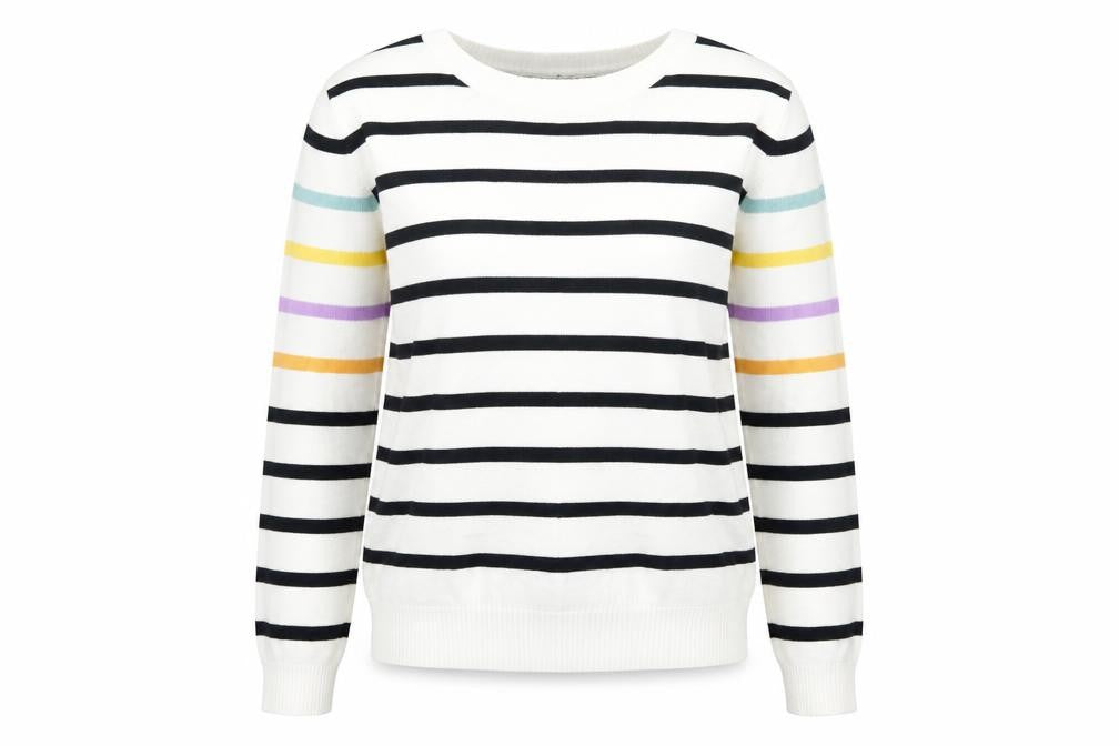 Front view of Next women’s white striped knit jumper, size UK 8