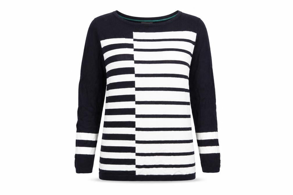 Front view of Per Una women’s white striped knit jumper, size UK 8