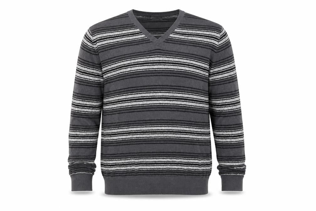 Front view of Gap men’s grey striped knit jumper, size M