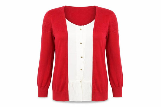 Front view of Next women’s red knit cardigan jumper, size UK 12