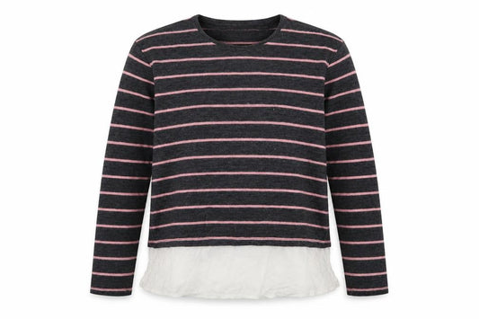 Front view of Here + There girls’ green striped knit jumper, size 13-14, years