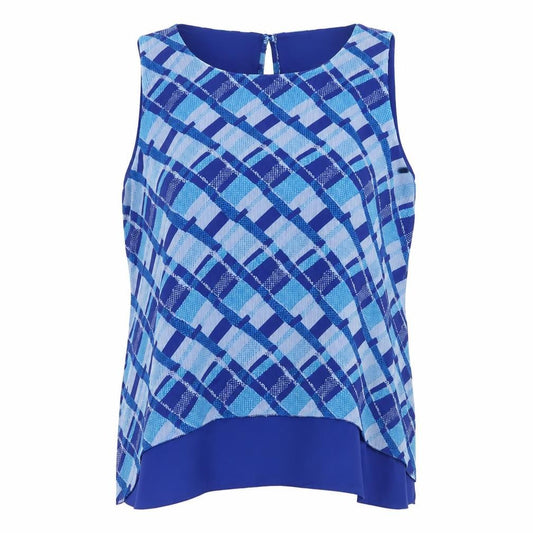 Front view of Wonder women’s blue check basic blouse, size UK 16