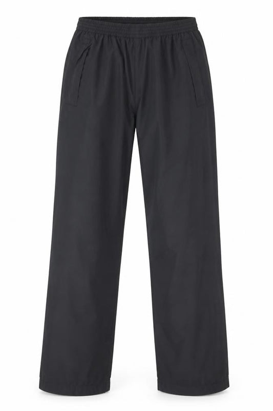 Front view of Oakmont men’s black rain trousers trousers, size 31, in, 29-inch leg