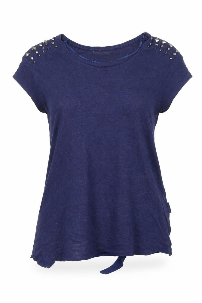 Front view of Zara women’s blue knit basic t-shirt, size S, - sheer back