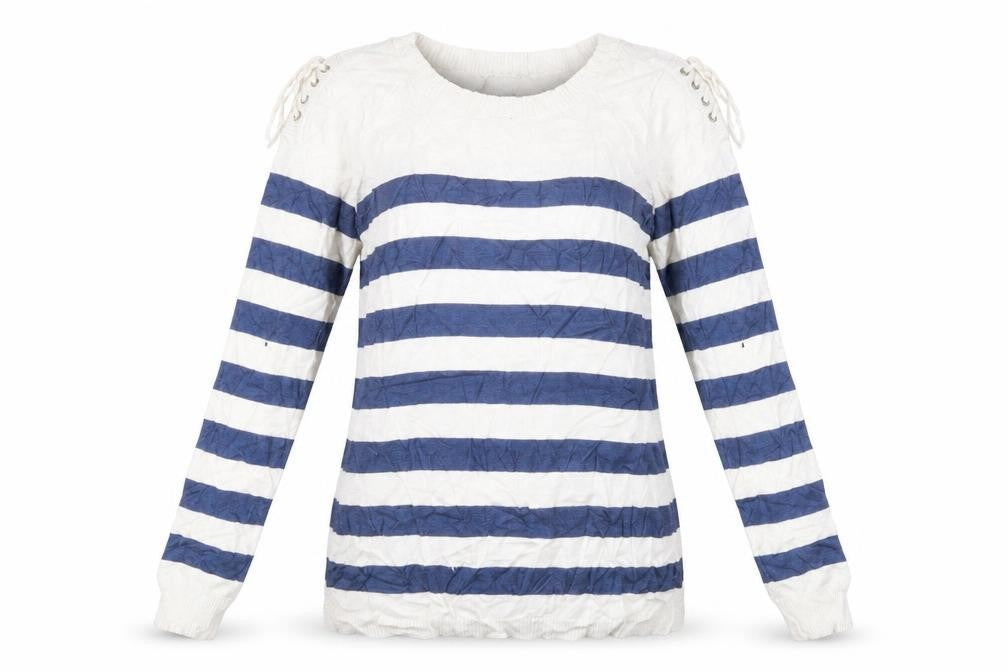 Front view of Attitudes women’s white striped jumper, size XS