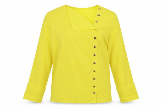 Front view of Preworn women’s yellow basic button-up, size M