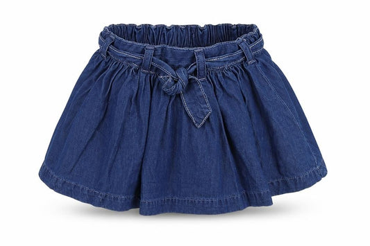 Front view of Next girls’ blue denim pleated skirt, size 3-6, months