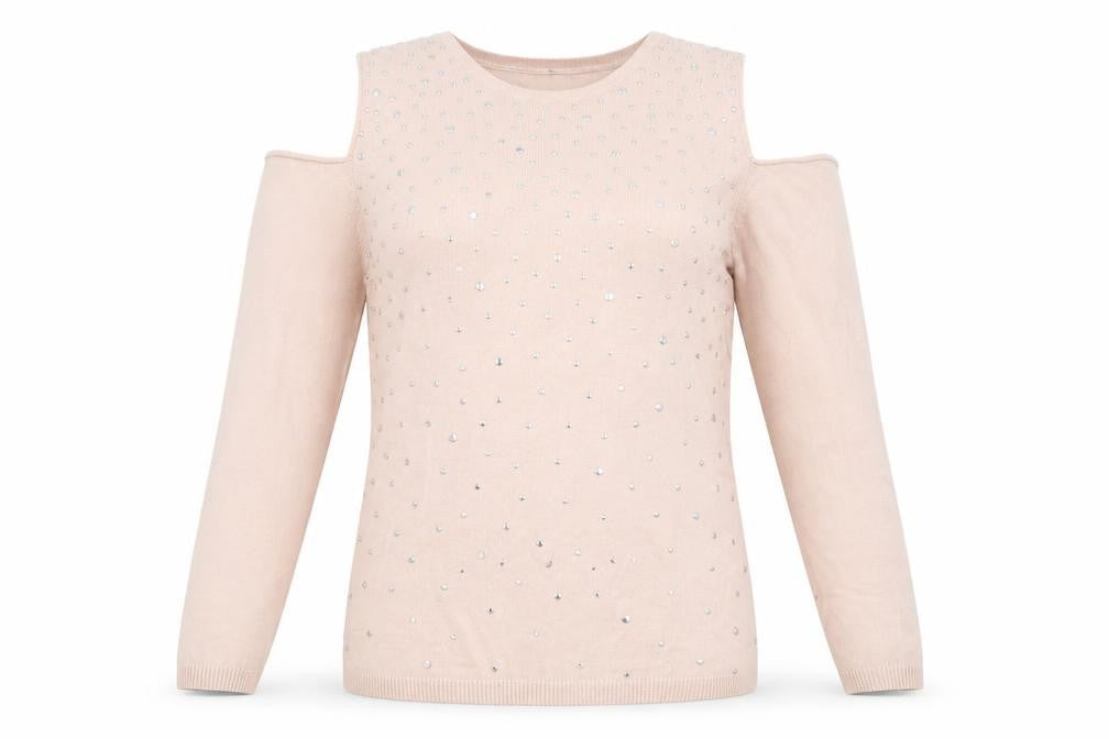 Front view of Atmosphere women’s pink jumper, size UK 12, - cut out shoulders