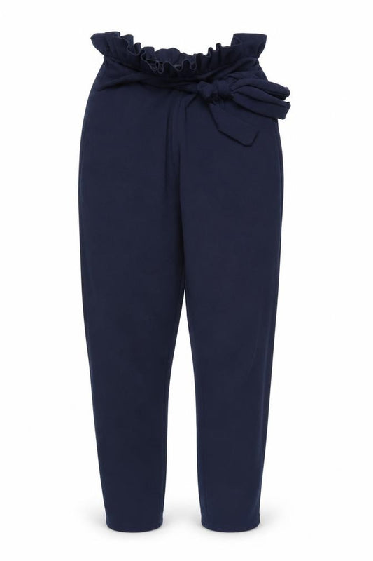 Front view of PRETTYLITTLETHING women’s blue rayon bloomer trousers, size UK 6, 26-inch leg
