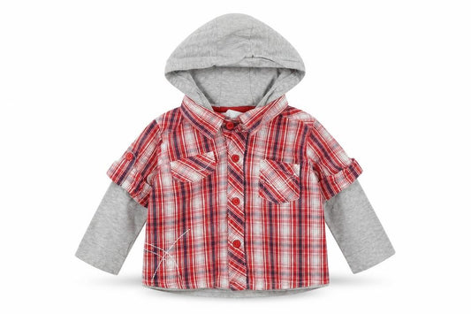 Front view of Cherokee boys’ red check basic button-up, size 6-9, months