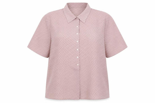 Front view of Elizabeth Shetton women’s pink polka dot basic button-up, size UK 14
