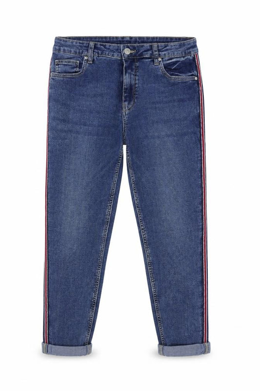 Front view of Only women’s blue cropped jeans, size UK 31, in, 32-inch leg - side detailing