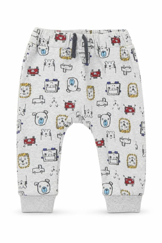 Front view of Nutmeg boys’ grey jogger trousers, size 6-9, months - animals