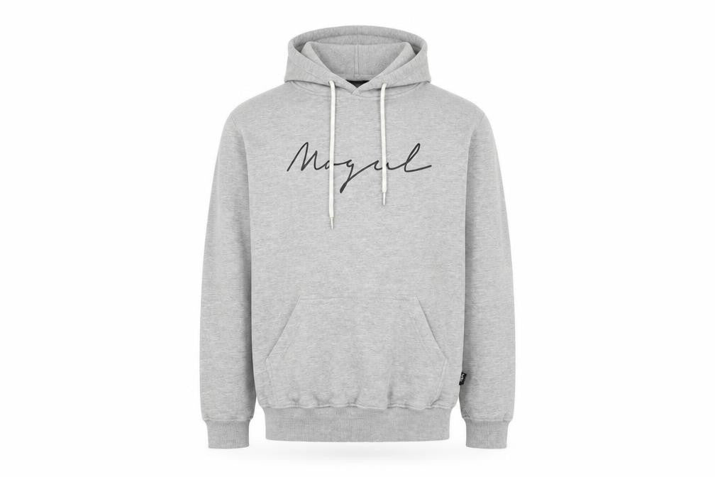Front view of Mogul men’s grey pullover hoodie, size S