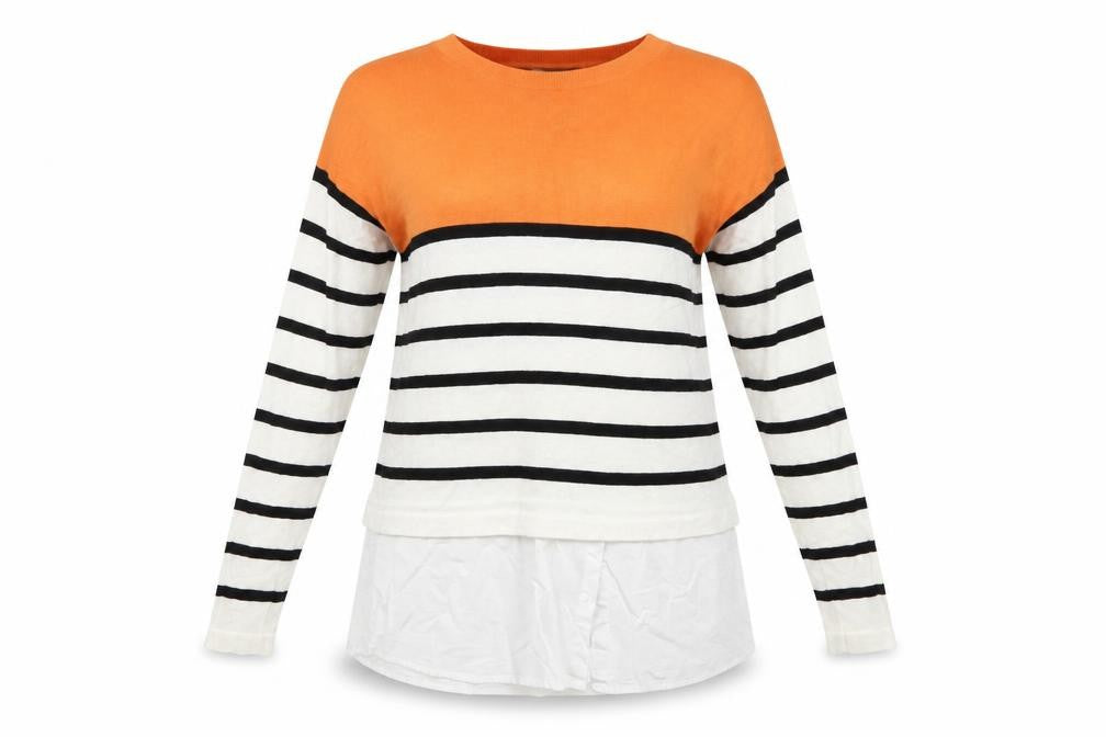Front view of Exquiss's women’s multicoloured striped tunic jumper, size M