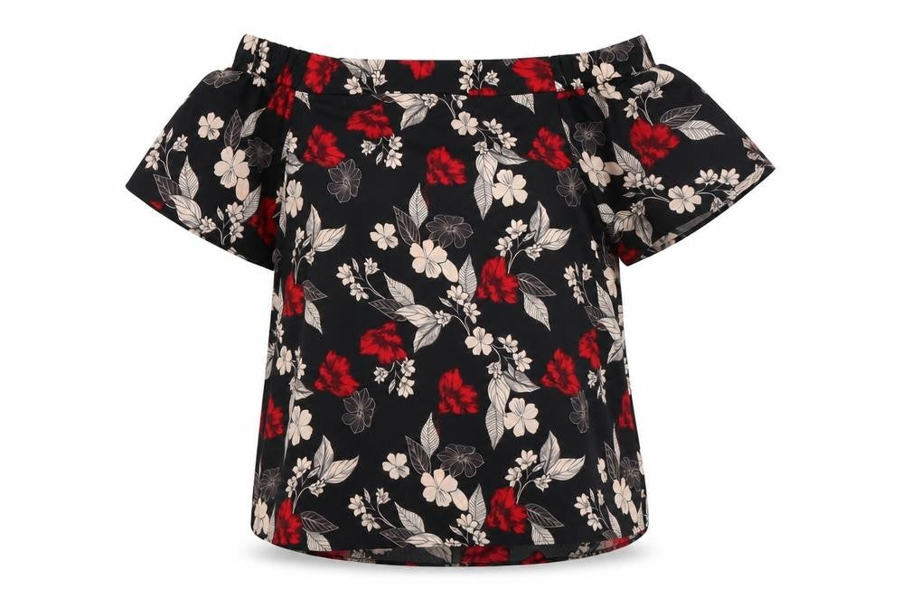 Front view of George women’s black floral satin basic blouse, size UK 8