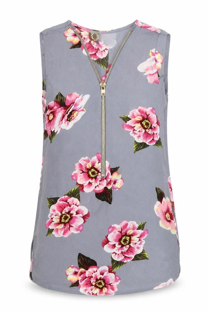 Front view of Cameo Rose women’s grey floral basic blouse, size UK 6