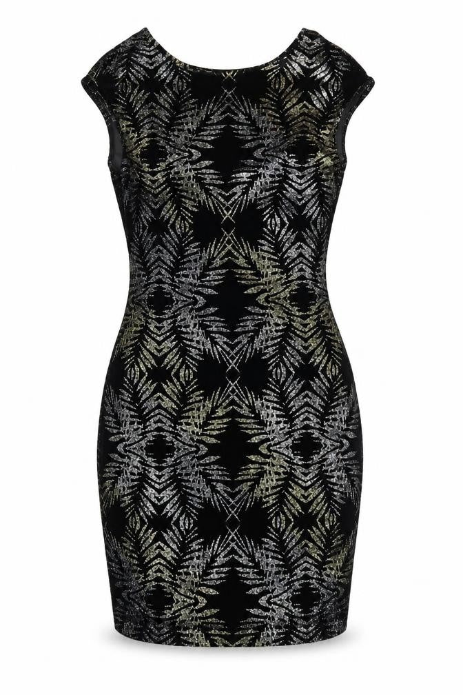 Front view of Topshop women’s black geometric velour sheath, size UK 8