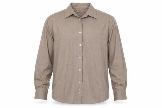 Front view of Taylor & Wright men’s beige button-up, size 16