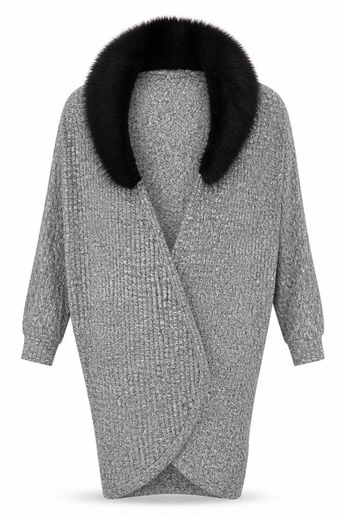Front view of Cameo Rose women’s grey wrap jumper, size M