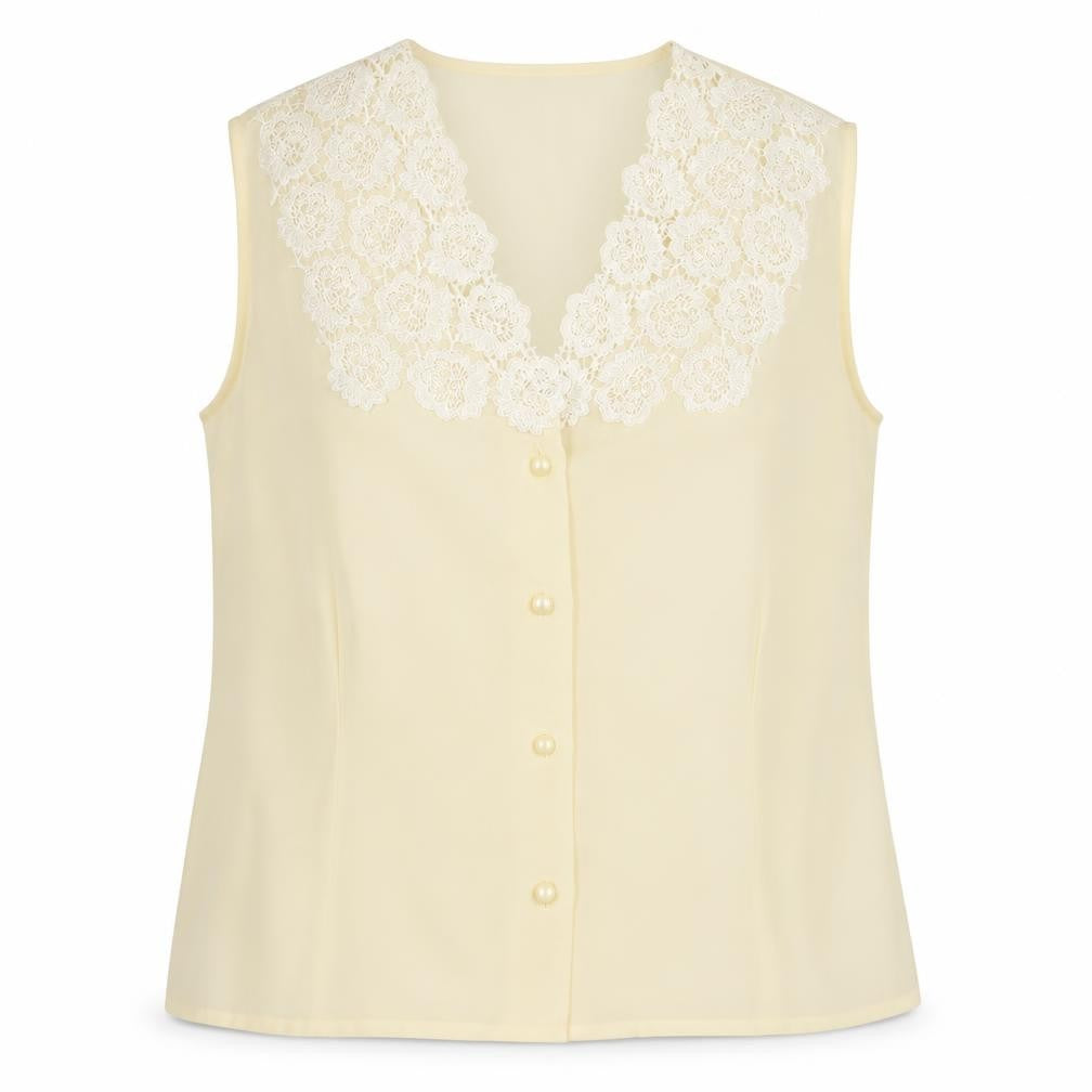 Front view of Imagination women’s yellow basic blouse, size UK 10, - floral lace neckline