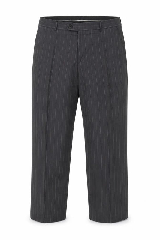 Front view of Preworn men’s grey striped trousers, size 36, in, 29-inch leg