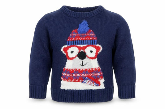 Front view of Urban Rascals boys’ blue knit jumper, size 2, years - polar bear