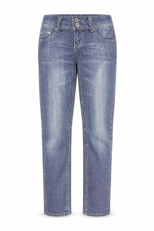Front view of Makpl girls’ blue denim straight jeans, size 10, years