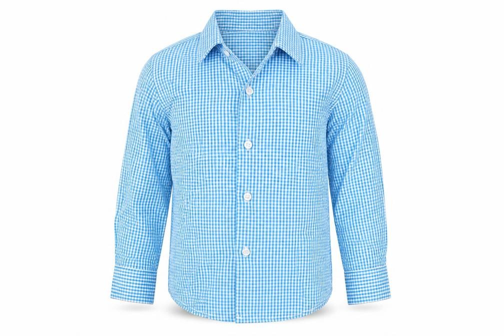 Front view of Izaac Mizrahi boys’ blue check basic button-up, size 5, years