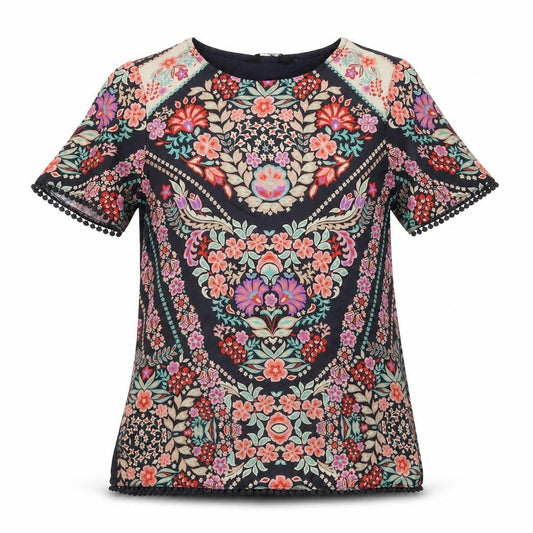 Front view of Preworn women’s black floral basic t-shirt, size UK 6