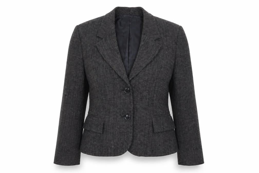 Front view of Marks & Spencer women’s grey rayon jacket suit jacket, size UK 14
