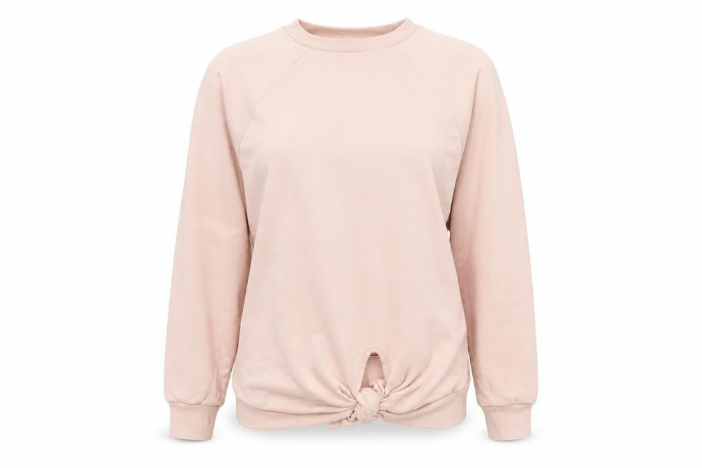 Front view of Next women’s pink pullover sweatshirt, size UK 8, - twist front