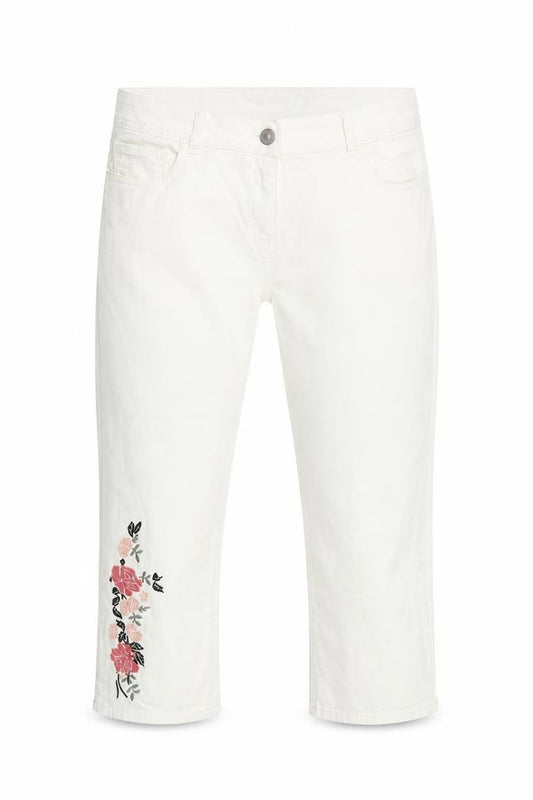 Front view of women’s white floral denim cropped jeans, size UK 36, in, 20-inch leg