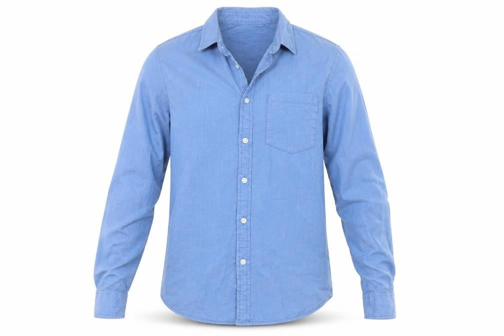 Front view of Twisted Soul men’s blue button-up, size M