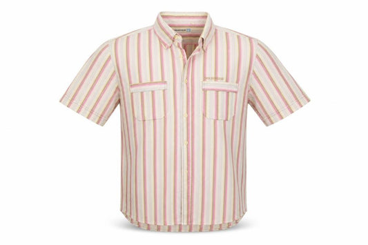 Front view of Duck and Cover men’s pink striped button-up, size L