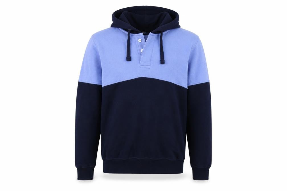 Front view of Cotton Traders men’s blue pullover hoodie, size S