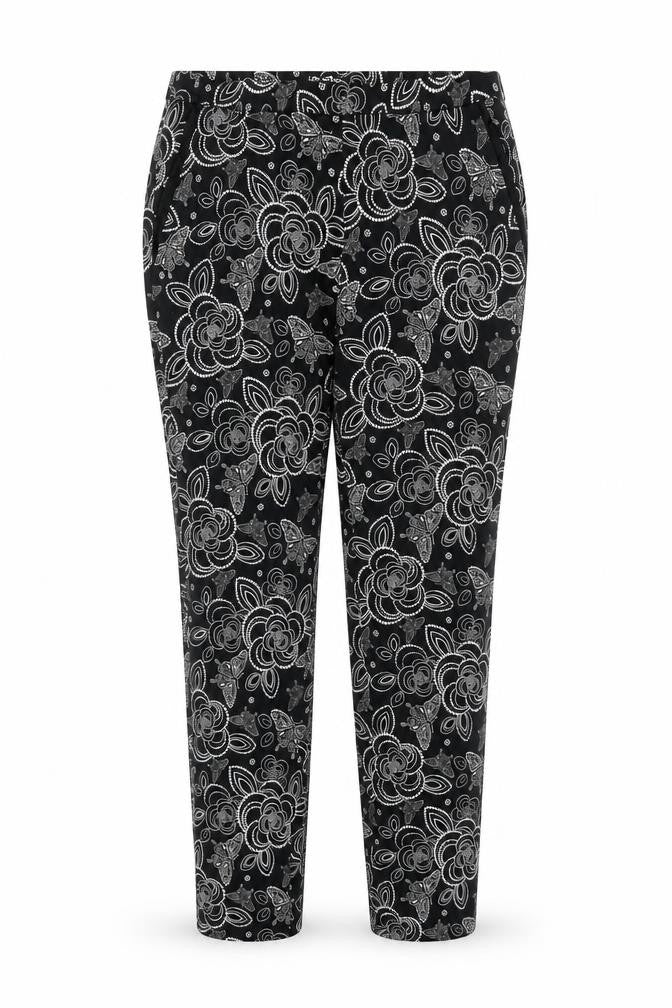 Front view of Tu women’s black floral trousers, size UK 10, 26-inch leg