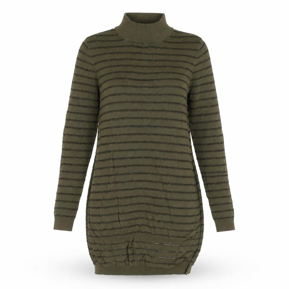 Front view of Missguided women’s green striped knit jumper, size UK 10