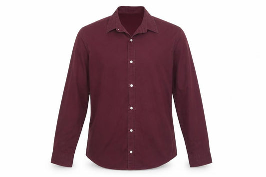 Front view of H&M men’s red button-up, size M