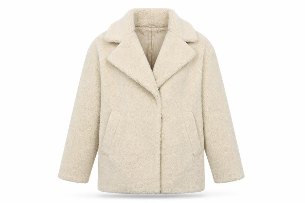 Front view of H&M women’s white windbreaker coat, size S, - sheep skin look