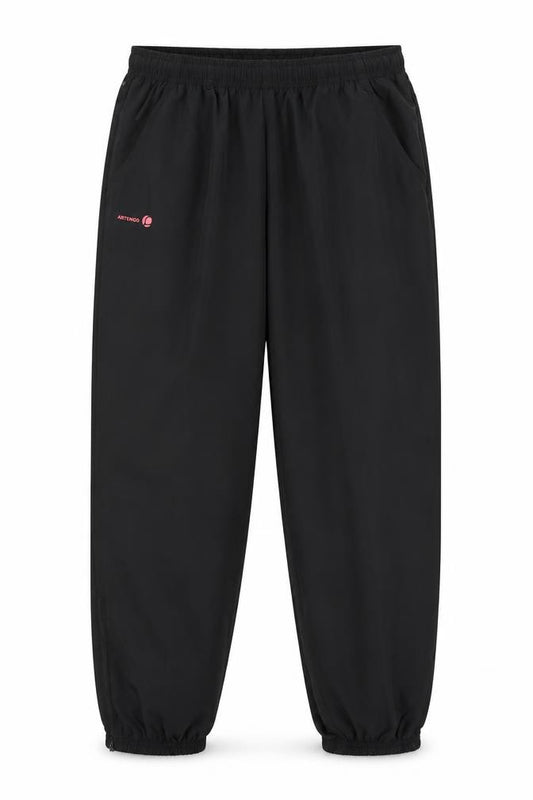 Front view of Preworn men’s black windbreaker trousers, size 28, in, 30-inch leg - elastic waist
