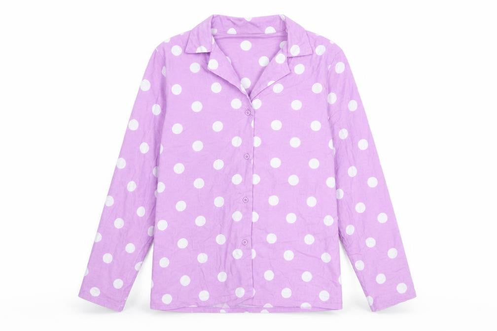 Front view of City Comfort women’s purple polka dot basic button-up, size UK 12, - 12-14 size