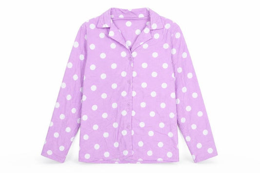 Front view of City Comfort women’s purple polka dot basic button-up, size UK 12, - 12-14 size