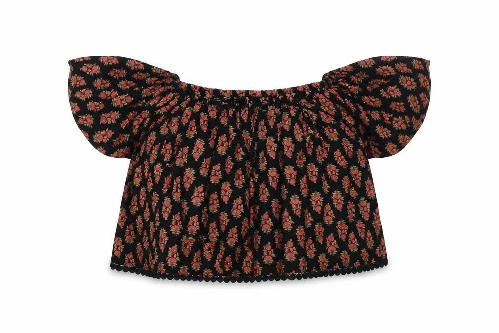 Front view of Topshop women’s black floral cropped blouse, size UK 6