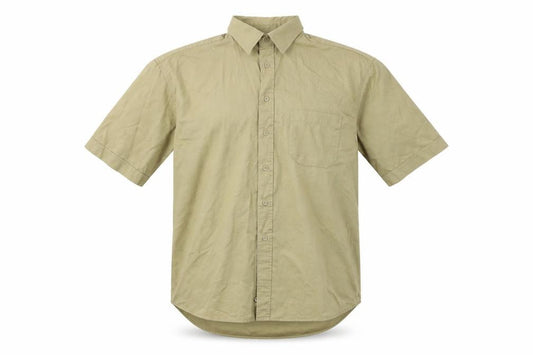 Front view of District men’s beige button-up, size L