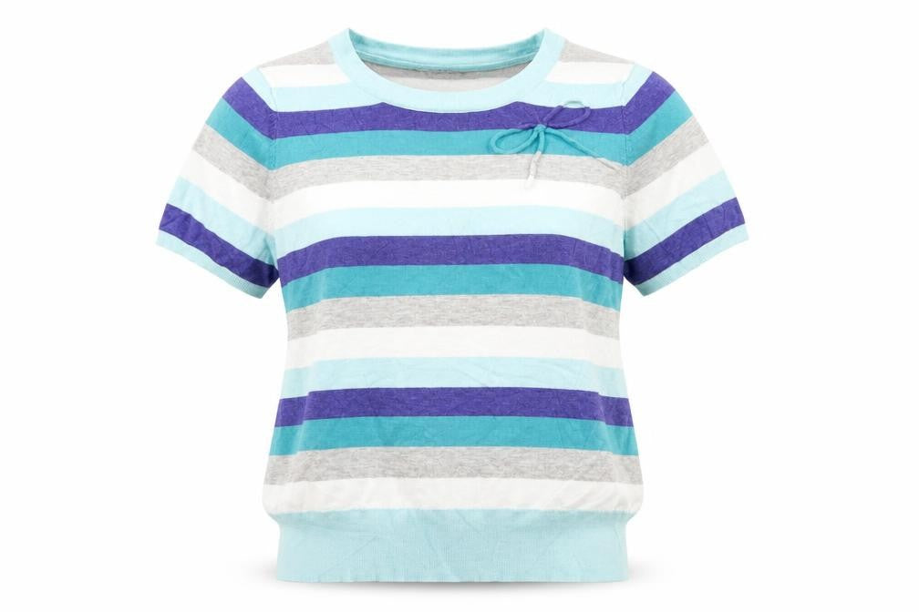Front view of Petite women’s blue striped basic tank, size L, - bow detail