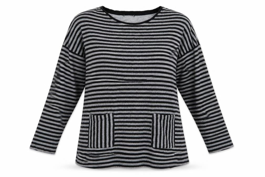 Front view of Next women’s grey striped jumper, size UK 16